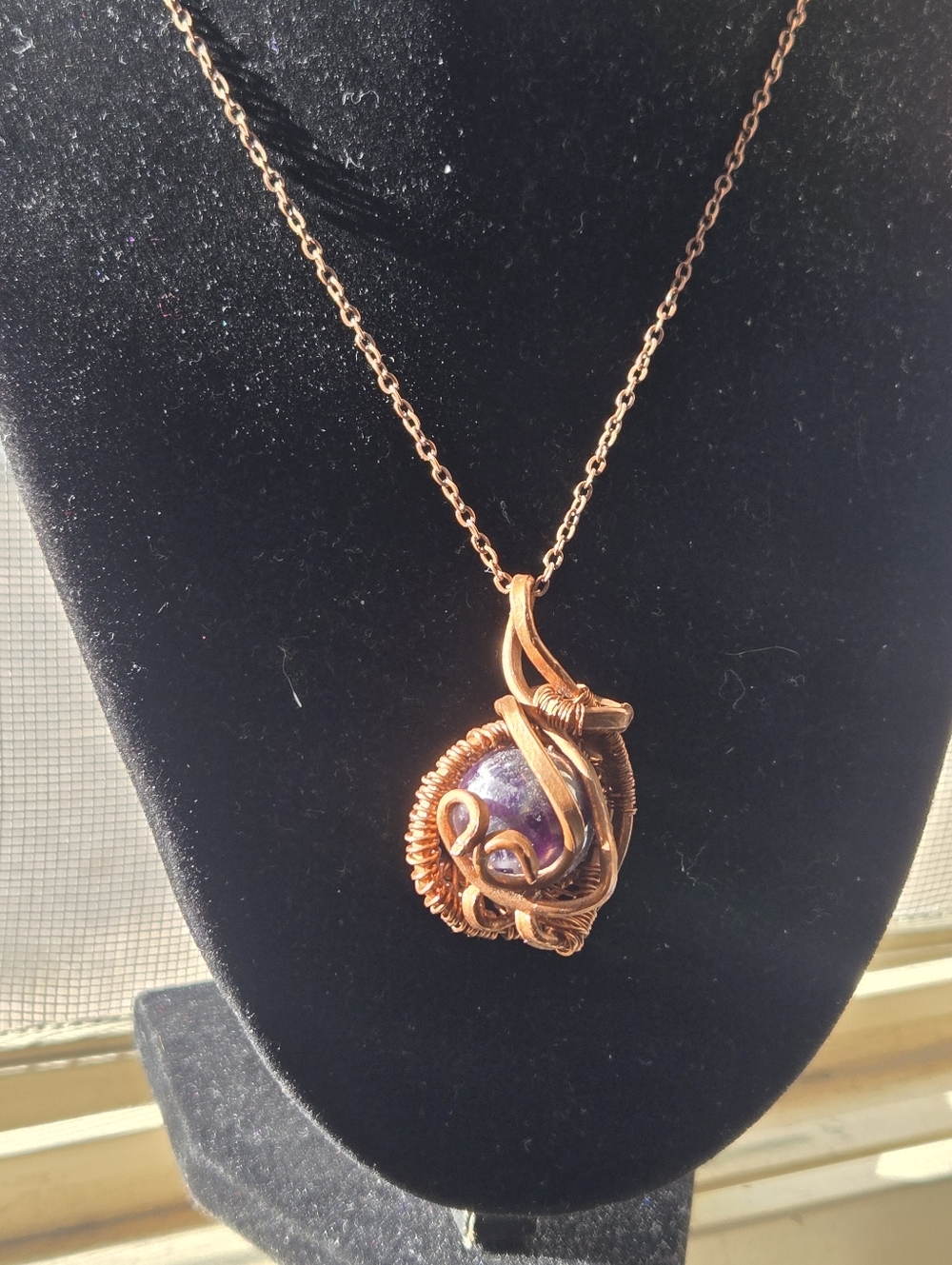 Handcrafted Copper Wire Wrapped Amethyst Pendant Necklace
